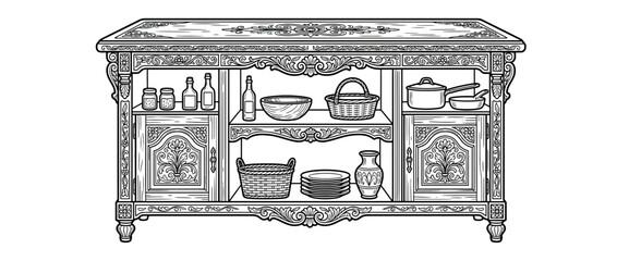 Fototapeta premium Ornate Wooden Cabinet with Kitchenware, Isolated
