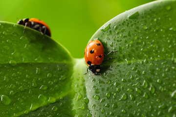 Fototapeta premium Ladybug on a wet green leaf with water drops, natural pest control and garden ecosystem concept, the macro view highlights the intricate details of the insect and the fresh dew on the plant surface