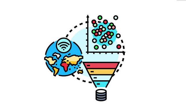 Global data collection and analysis concept diverse information processing, filtering, and structuring for insights, using scatter plots and a data funnel