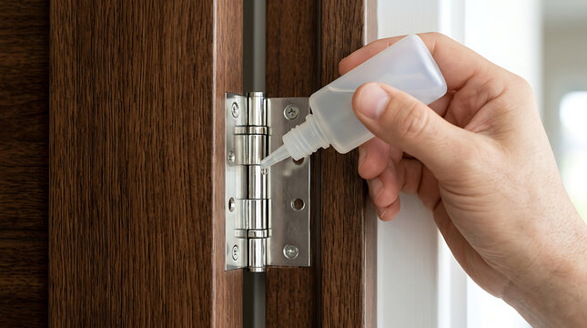 Applying lubricant from a small plastic bottle to squeaking metal hinge of a wooden door
