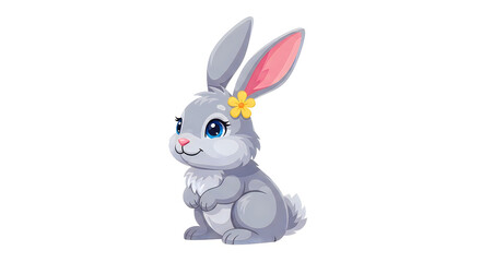 Fototapeta premium Adorable gray rabbit portrait with pink ears and a small yellow flower