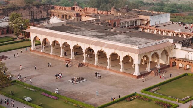 Aerial view of courtyard and audience hall inside the historic agra fort, a unesco world heritage site