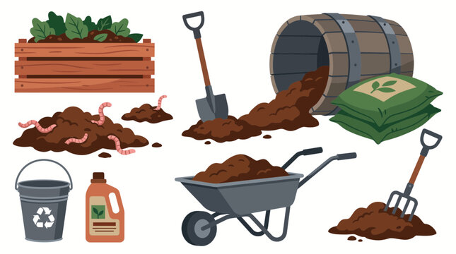 Gardening and composting equipment vector illustrations showcasing organic soil, earthworms in dirt and farming tools, concept for eco friendly gardening and sustainable agriculture
