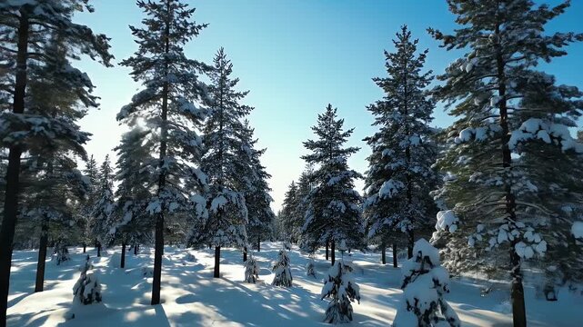 Sunlight streaming through snow-covered pine trees in a serene winter forest landscape, clear blue sky