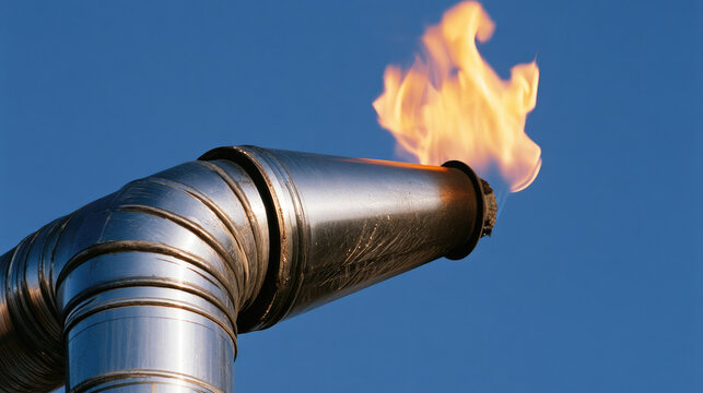 Flare stack burner tip metallic flare stack industrial pipe clean flame blue sky steel metal close up copy space refinery equipment heat distortion