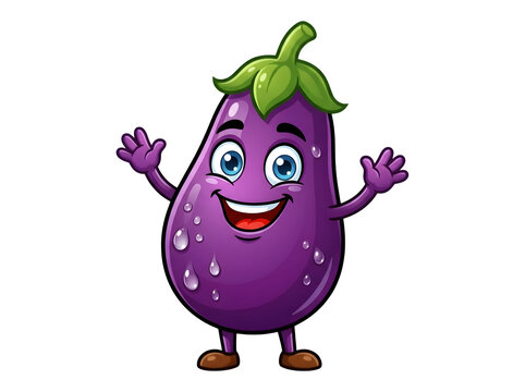 Cartoon eggplant character waving hello isolated on transparent background
