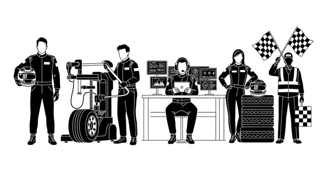 Monochrome line art of a pit crew team with a driver technician data analyst and official standing with equipment