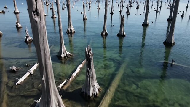 Surreal dead forest in shallow water, eerie landscape of ghostly tree stumps and submerged logs under a clear sky