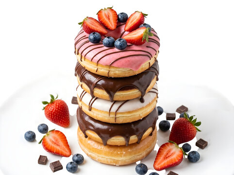 Stack of delicious glazed donuts with fresh strawberries and blueberries isolated on transparent background