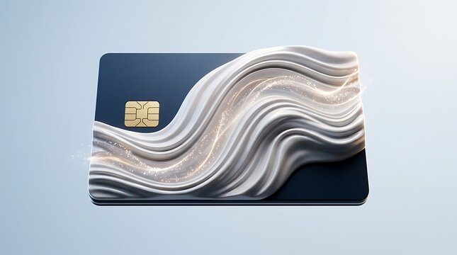 Modern blue credit card with abstract silver wave texture and gold payment chip