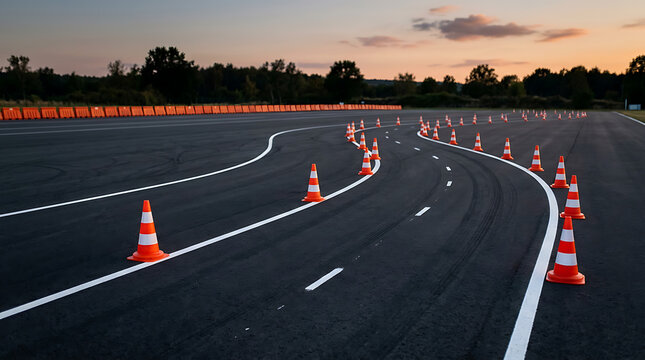 Dynamic driving course featuring numerous orange cones on a winding asphalt road for skill development and precision training at sunset