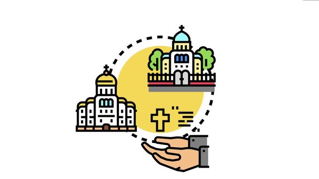 Assyrian eastern christian church building, crosses, and helping hands , depicting architectural structure, religious community, and support