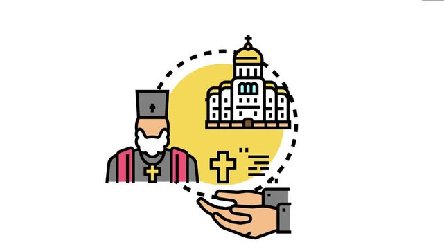 Assyrian syriac christian church structure and priest figure receiving an offering, embodying religious community, faith, and spiritual devotion concepts on a white background