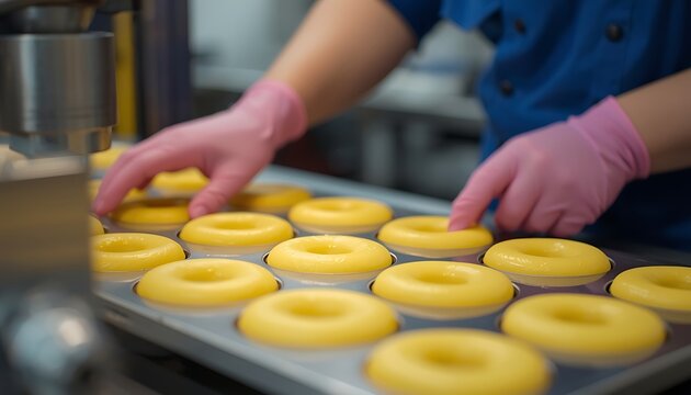 A person in protective gloves arranges freshly made yellow doughnuts on a baking tray in a commercial kitchen setting
