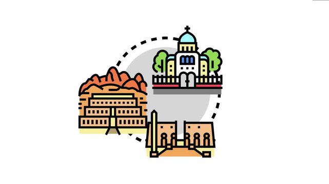 Ancient assyrian temple and various global cathedral structures, symbolizing diverse historical and religious architecture from different cultures and eras in icon
