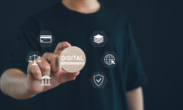 Digital government concept featuring a professional interacting with digital services, secure data, online payments, legal systems and public administration technology.