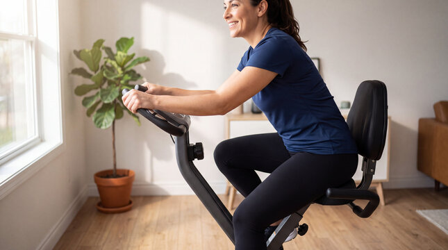 indoor fitness routine, a woman enjoys a workout on a sleek stationary bike in a bright gym
