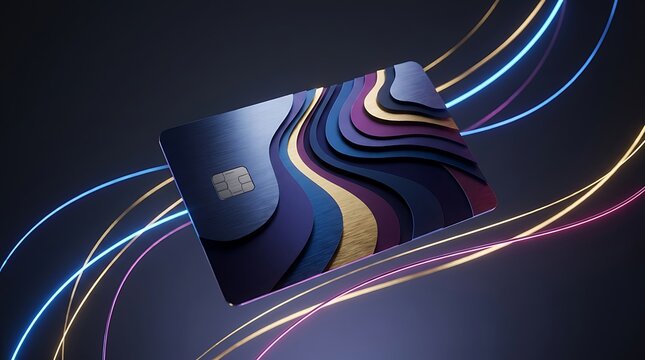 Modern credit card with abstract colorful flowing light lines on dark background