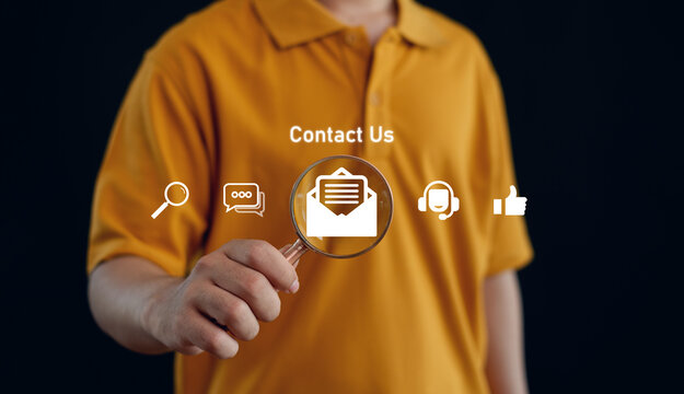 Contact us concept with customer service, email, search, chat, headset, and feedback icons, representing digital communication, online support, business assistance, and customer care.