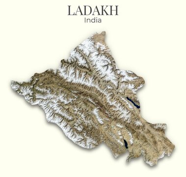 Ladakh, India Shaded Relief Map. Hillshaded physical terrain map illustration showing elevation, topography, and landforms. Elements of this illustration derived from NASA imagery and SRTM dataset.