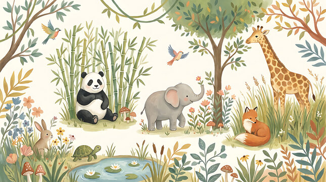 Cute wild animals with panda elephant and giraffe in a forest landscape