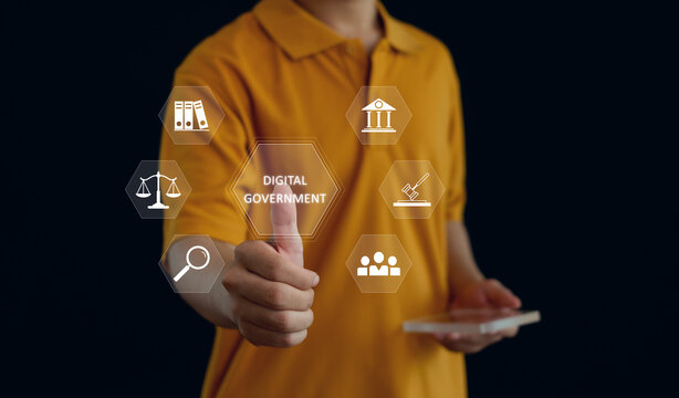 Digital government concept showing a professional using technology to access public services, legal systems, government records, citizen support and digital administration.