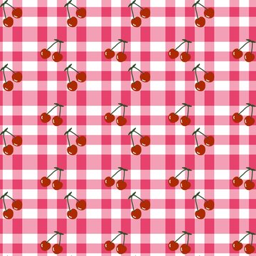 Cute Cherry Seamless Pattern with Pink Gingham Checkered Background