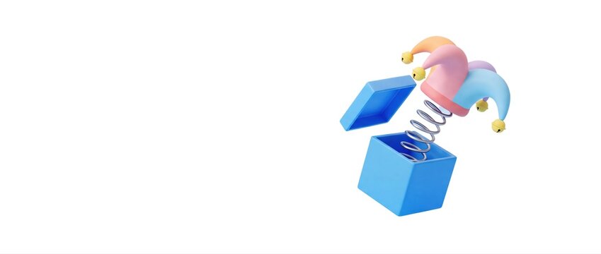 3D render of a colorful jester popping out of a blue surprise box