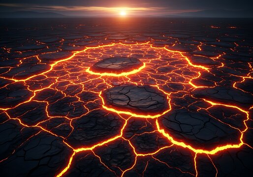 Lava Cracked Ground Glowing in Fiery Dramatic Sunset Landscape