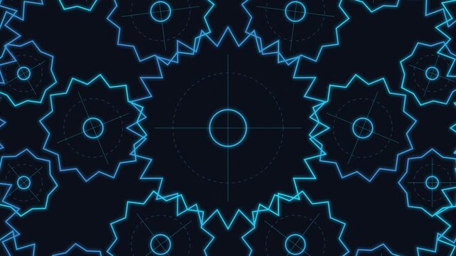 Abstract digital pattern of glowing blue interconnected gears on a dark background, representing technology and intricate machinery.