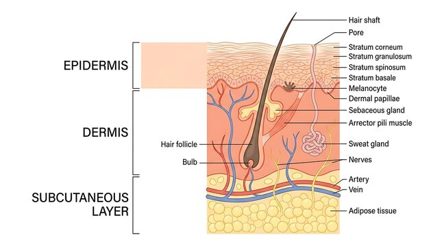 Detailed labeled diagram of human skin layers and structures including epidermis