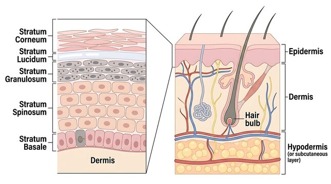 Microscopic cross-section of human skin showing epidermis dermis subcutaneous