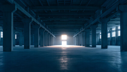 Fototapeta premium Wide empty industrial warehouse interior with concrete structure, massive pillars. Bright light shines through far exit doorway. Sombre blue tones fill cold minimalist hall space. Large vacant