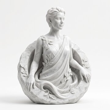 Classical marble sculpture of an elegant woman emerging from a carved circular stone frame, white background