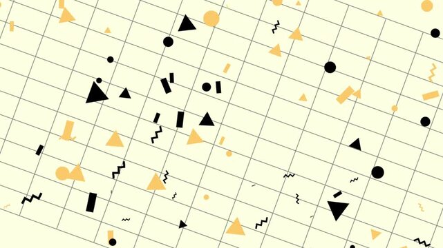 Off-white graph-paper background with scattered black geometric symbols, dots, triangles, yellow accents, and mathematical marks