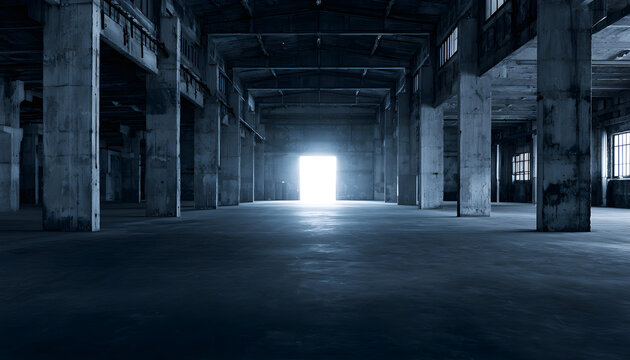 Wide empty industrial warehouse interior with concrete structure, massive pillars. Bright light shines through far exit doorway. Sombre blue tones fill cold minimalist hall space. Large vacant