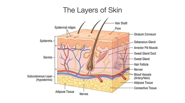 Detailed labeled diagram of human skin layers with epidermis dermis hypodermis