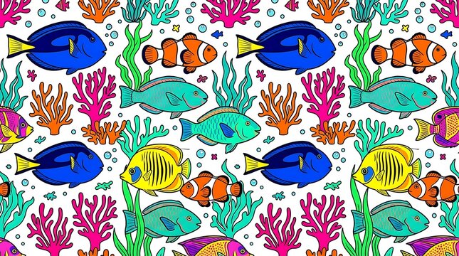 Colorful tropical fish and coral reef seamless pattern