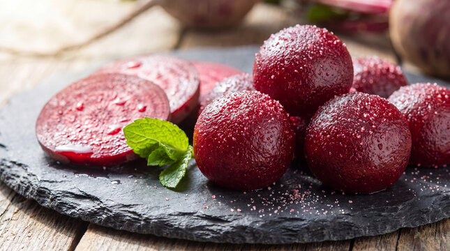 healthy snack options, vibrant red beetroot soft chews with raw beet slices and fresh mint leaves