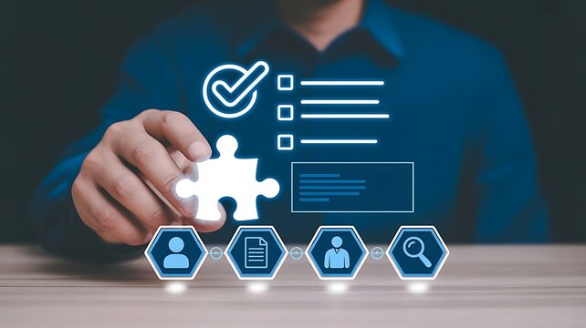 Businessman interacting with a virtual digital interface for problem solving and strategic business planning with puzzle elements