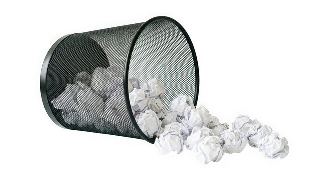 Wire mesh wastebasket with crumpled paper balls isolated on transparent background