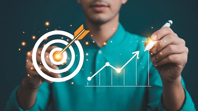 Businessman drawing growing graph aiming at target for business success