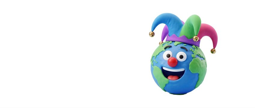 Funny Earth globe character wearing a colorful jester hat on white background