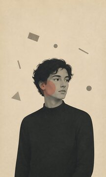 Flustered Young Man With Red Blush and Misaligned Geometric Shapes