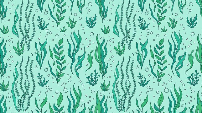 Seamless underwater pattern featuring green seaweed and bubbles