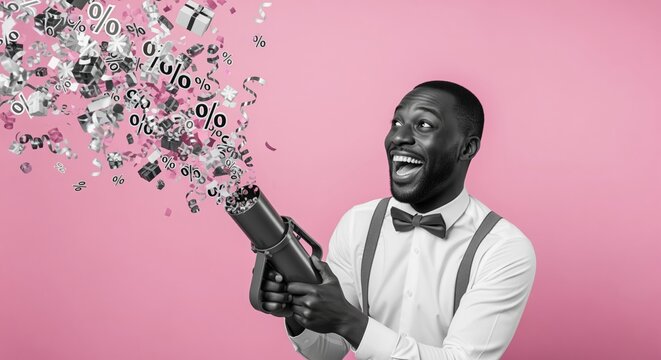 excited man firing a confetti cannon filled with discount percentage signs and gift boxes on a bright pink background