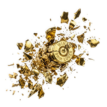 Exploding 9mm luger brass bullet cartridge shattering into fragments isolated on transparent background
