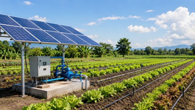 Solar panel irrigation system farm field crop water pump renewable energy agriculture