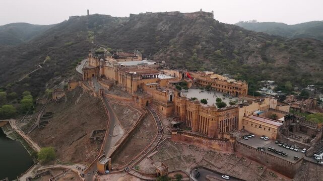 Aerial view of the historical amber fort, a famous rajput architecture landmark and tourist attraction in jaipur, rajasthan, india
