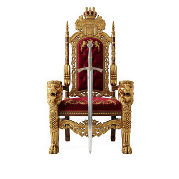 Ornate golden royal throne with a sword placed on the seat isolated on transparent background